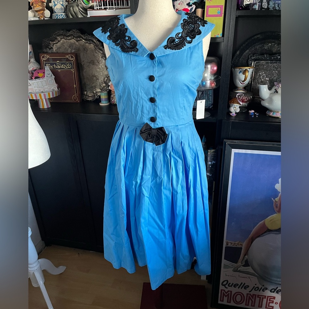 Lindy bop blue with black accents shirt dress labeled xl  nwot
Tried on, unworn